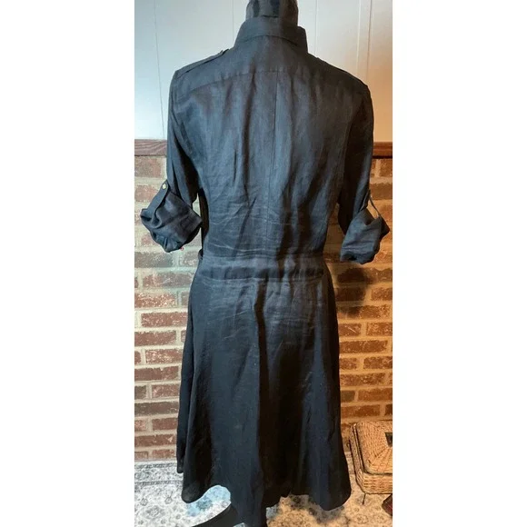 Lauren RL Fit and Flare Black Linen Button Front Belted Shirt Dress  Midi Sz L - Picture 7 of 12